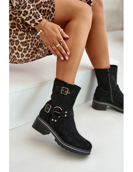 Women's Low Heel Boots With Buckles Black Zudra
