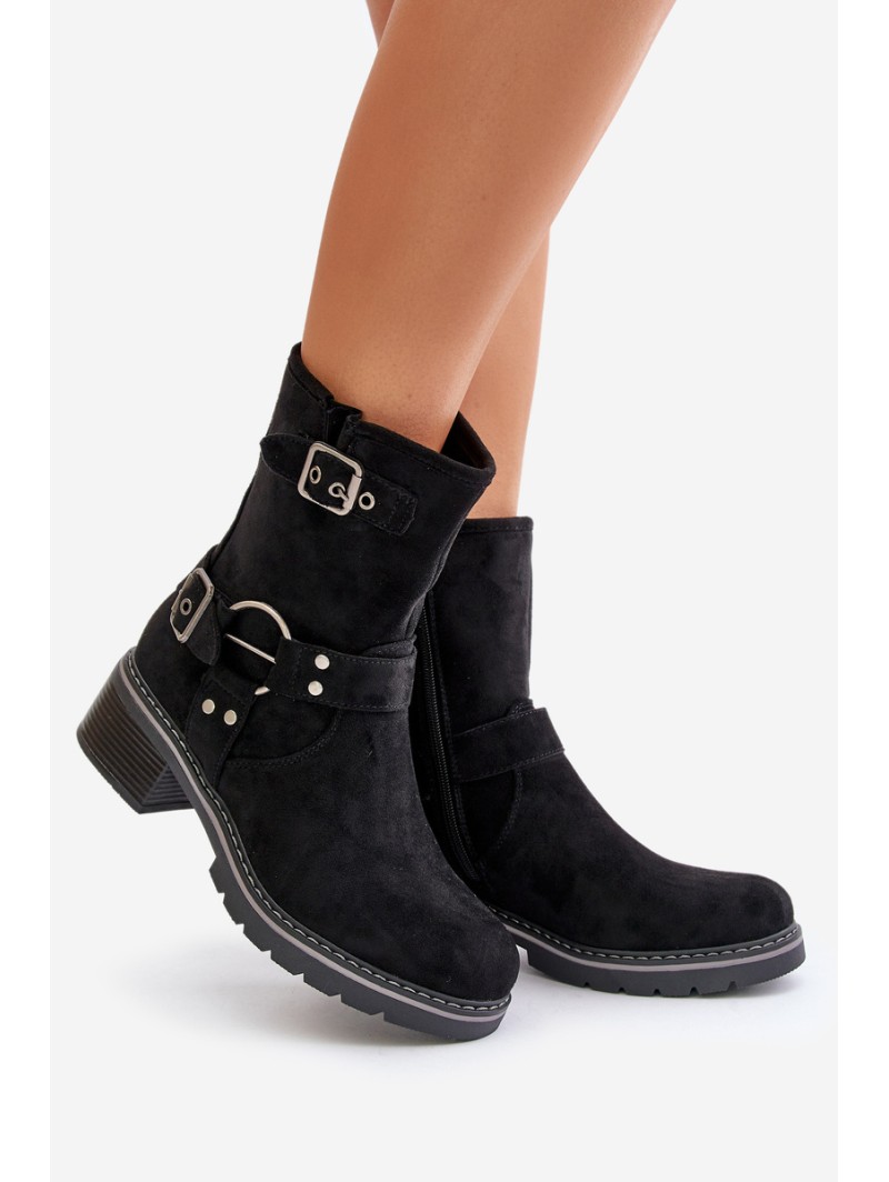 Women's Low Heel Boots With Buckles Black Zudra