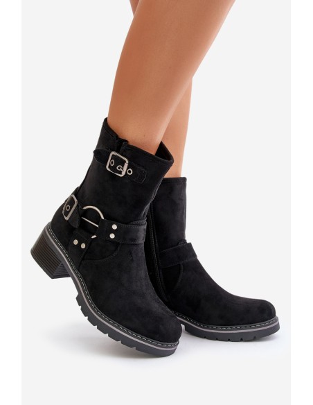 Women's Low Heel Boots With Buckles Black Zudra