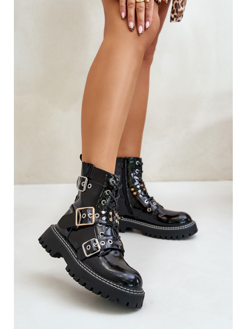 Lacquered Worker Boots With Buckles Black Serizia