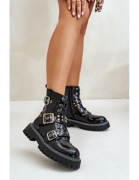 Lacquered Worker Boots With Buckles Black Serizia