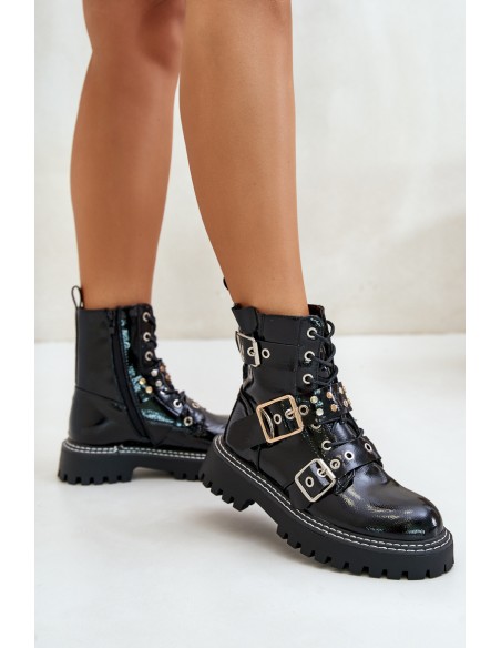 Lacquered Worker Boots With Buckles Black Serizia