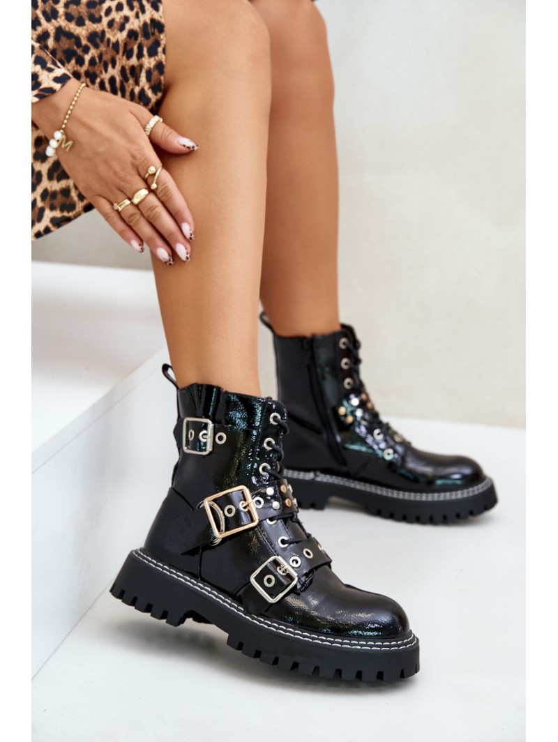 Lacquered Worker Boots With Buckles Black Serizia