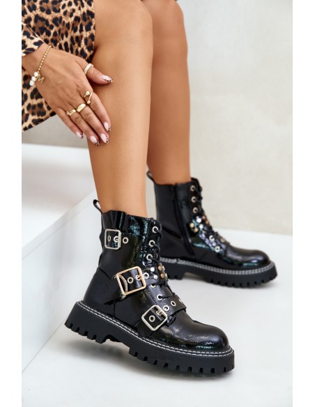 Lacquered Worker Boots With Buckles Black Serizia