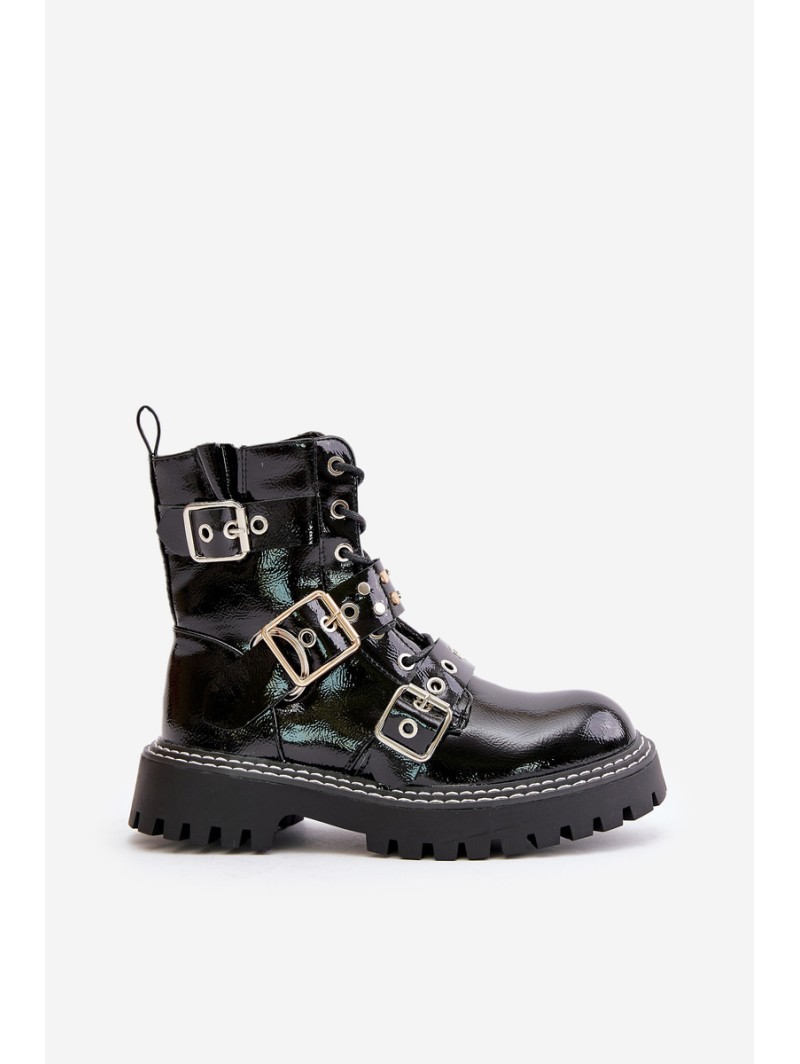 Lacquered Worker Boots With Buckles Black Serizia
