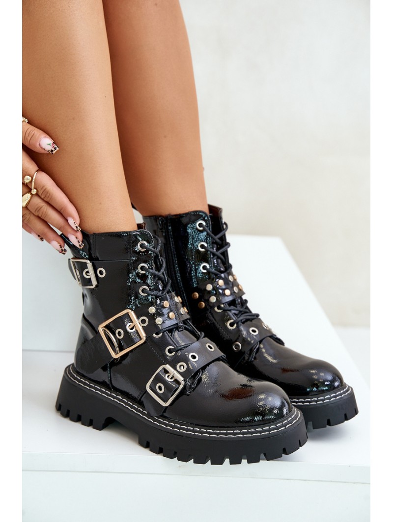 Lacquered Worker Boots With Buckles Black Serizia