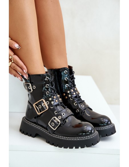 Lacquered Worker Boots With Buckles Black Serizia