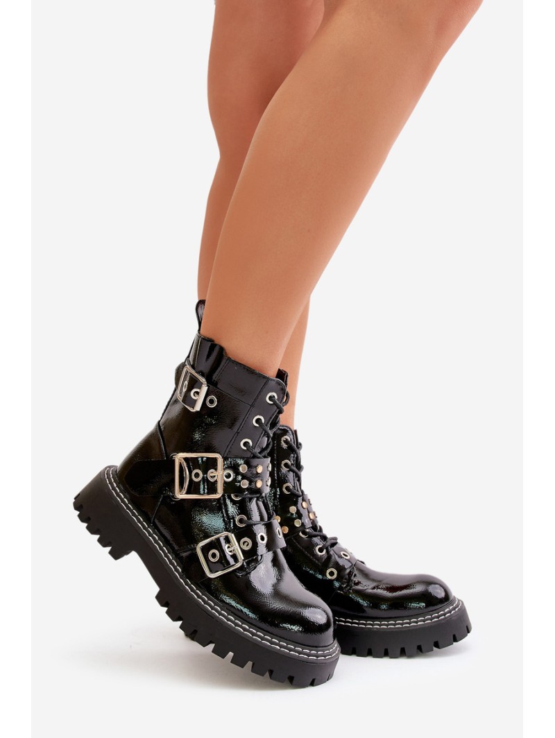 Lacquered Worker Boots With Buckles Black Serizia