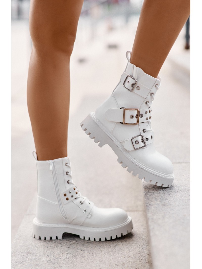 Eco Leather Ankle Boots Workers With Buckles White Serizia