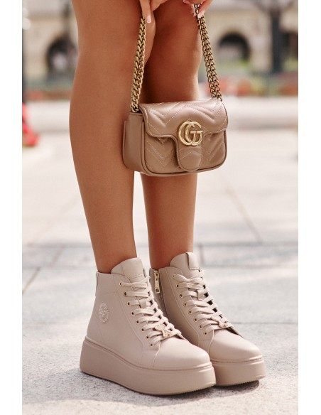 High Women's Leather Sneakers On Platform Vinceza 66707 Beige