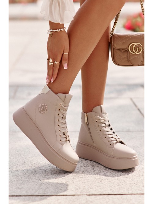 High Women's Leather Sneakers On Platform Vinceza 66707 Beige 2