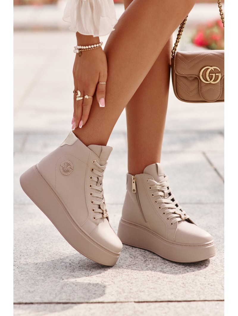 High Women's Leather Sneakers On Platform Vinceza 66707 Beige