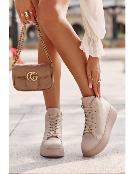 High Women's Leather Sneakers On Platform Vinceza 66707 Beige