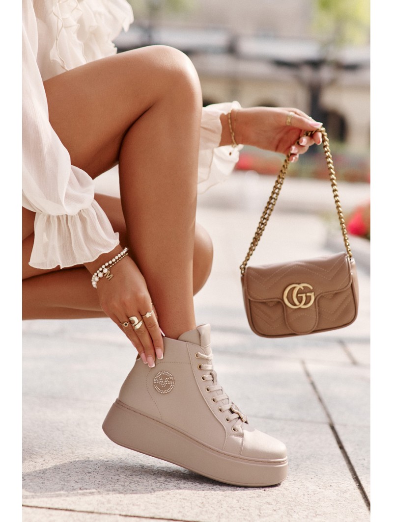 High Women's Leather Sneakers On Platform Vinceza 66707 Beige