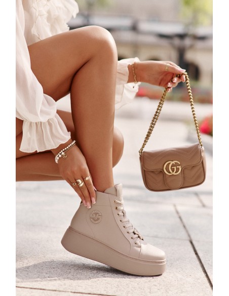 High Women's Leather Sneakers On Platform Vinceza 66707 Beige