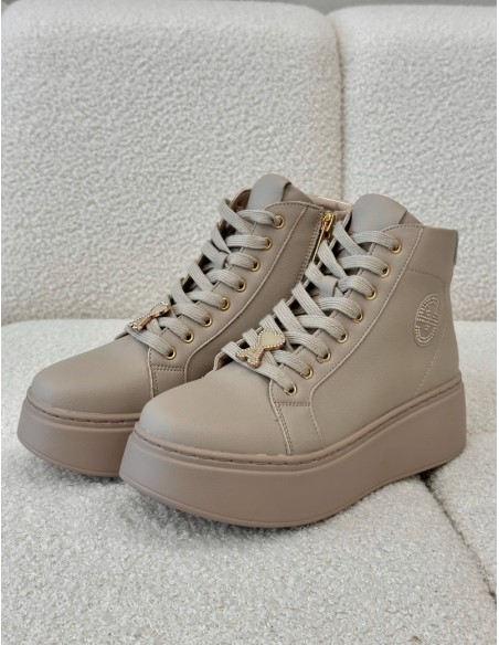 High Women's Leather Sneakers On Platform Vinceza 66707 Beige