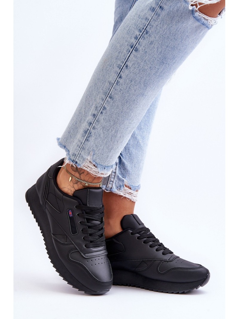 Leather Lace Up Platform Sports Shoes Black Merida