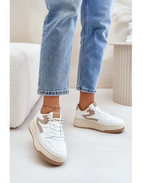 Women's Leather Sport Shoes On Massive Platform Beige Belisso
