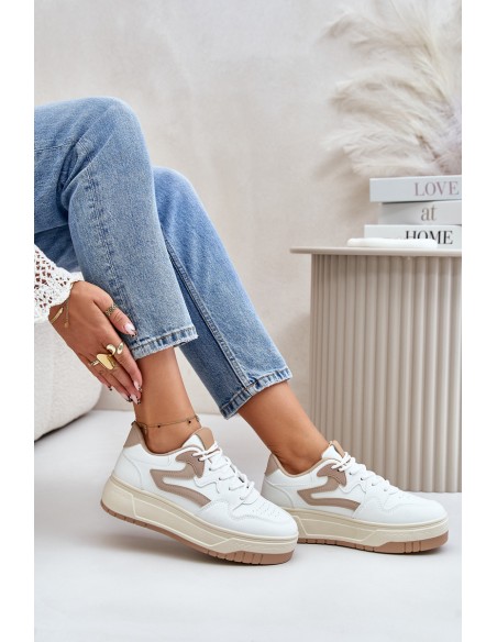 Women's Leather Sport Shoes On Massive Platform Beige Belisso