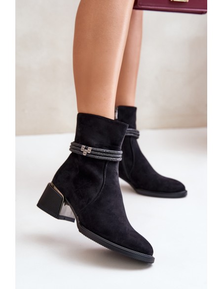 Warm Women's Ankle Boots On Low Heel With Decorative Straps D&A MR880-027 Black