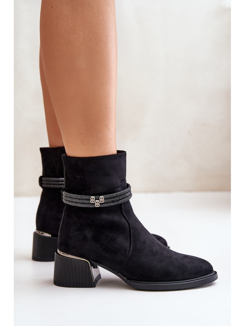 Warm Women's Ankle Boots On Low Heel With Decorative Straps D&A MR880-027 Black