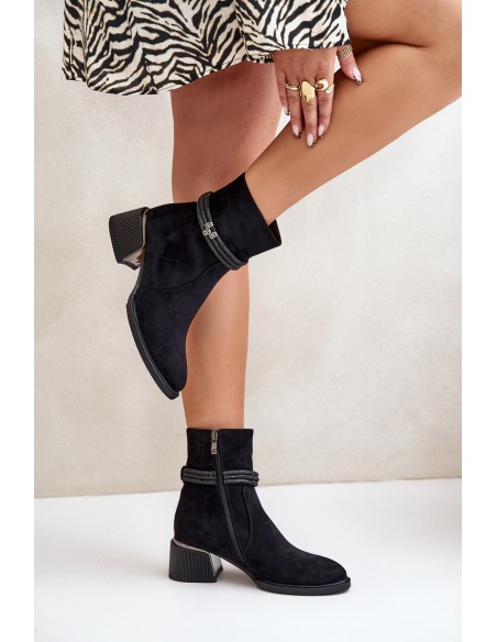 Warm Women's Ankle Boots On Low Heel With Decorative Straps D&A MR880-027 Black
