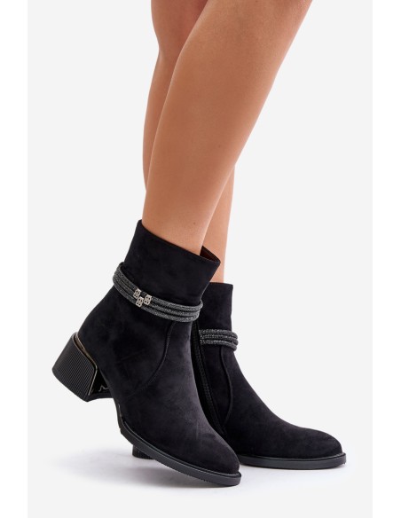 Warm Women's Ankle Boots On Low Heel With Decorative Straps D&A MR880-027 Black