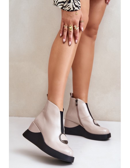 Lacquered Wedge Heeled Ankle Boots Insulated D&A Beige MR880-136