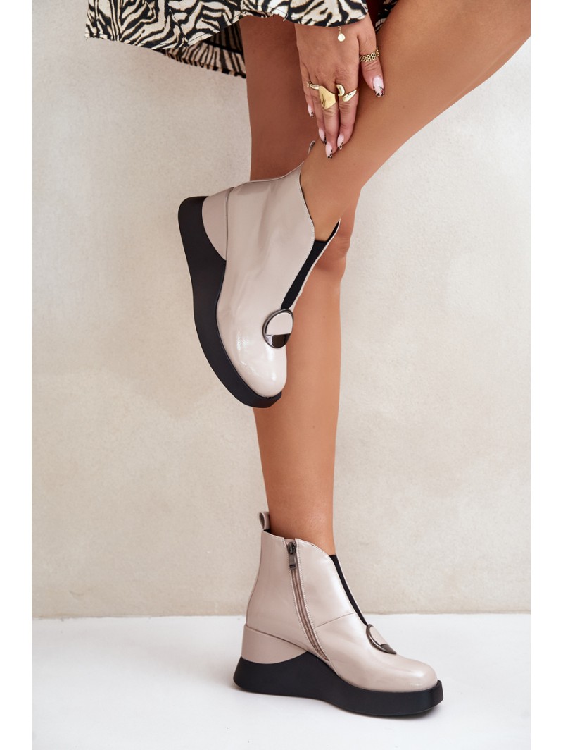 Lacquered Wedge Heeled Ankle Boots Insulated D&A Beige MR880-136