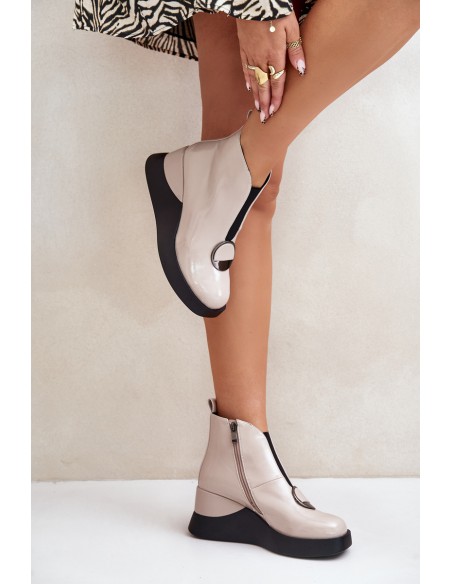 Lacquered Wedge Heeled Ankle Boots Insulated D&A Beige MR880-136