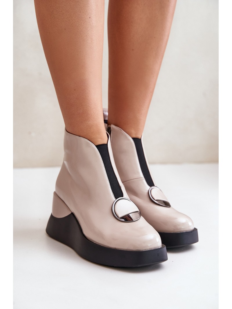 Lacquered Wedge Heeled Ankle Boots Insulated D&A Beige MR880-136