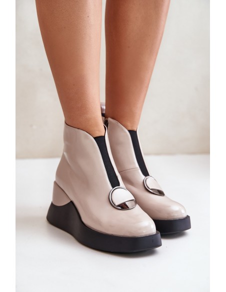 Lacquered Wedge Heeled Ankle Boots Insulated D&A Beige MR880-136