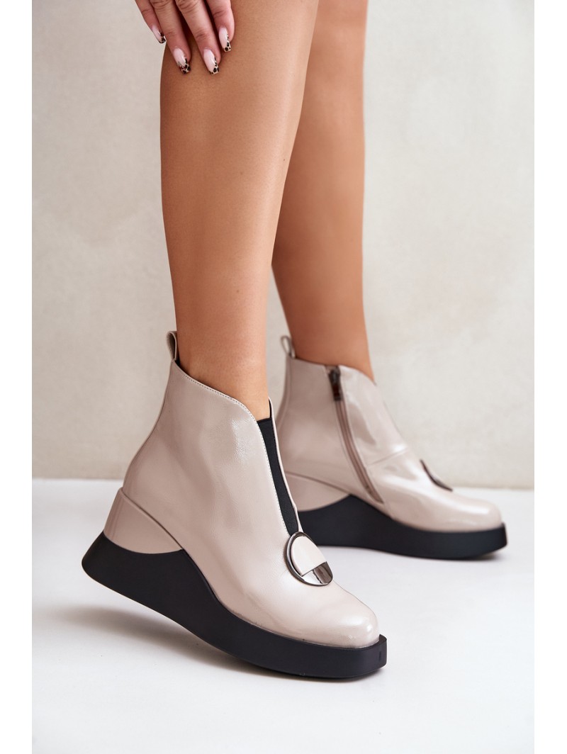 Lacquered Wedge Heeled Ankle Boots Insulated D&A Beige MR880-136