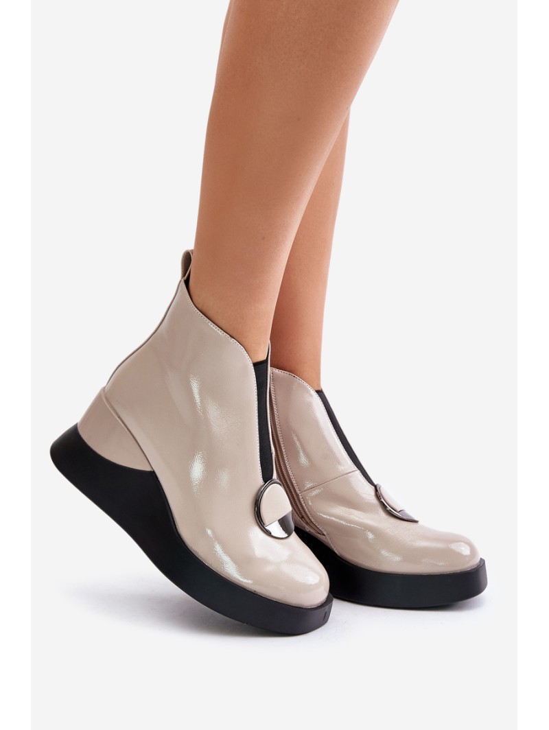 Lacquered Wedge Heeled Ankle Boots Insulated D&A Beige MR880-136