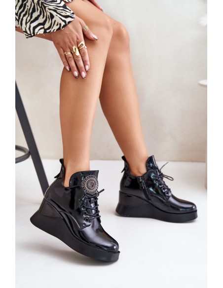 Women's Patent Wedge Boots Insulated Vinceza 66706 Black