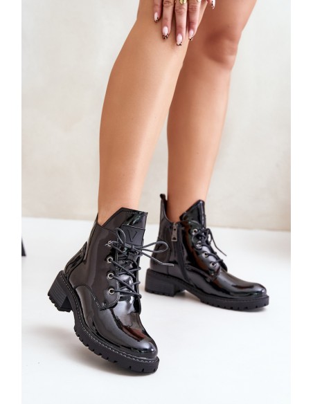 Warm Women Ankle Boots On Low Heel Lacquered Vinceza 58136 Black