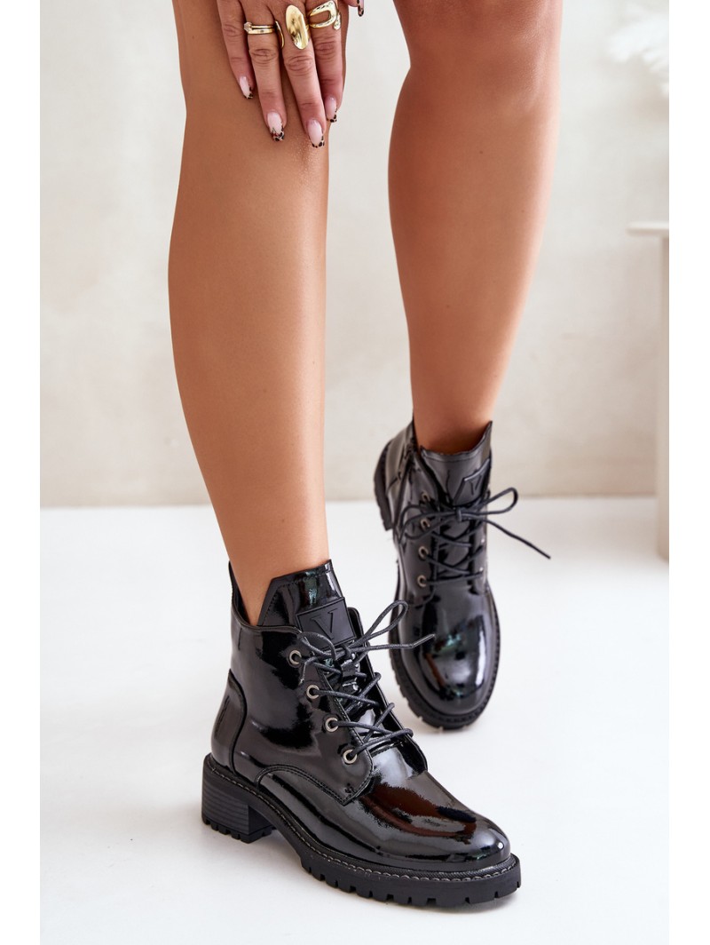 Warm Women Ankle Boots On Low Heel Lacquered Vinceza 58136 Black