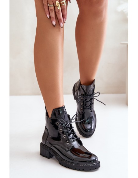 Warm Women Ankle Boots On Low Heel Lacquered Vinceza 58136 Black