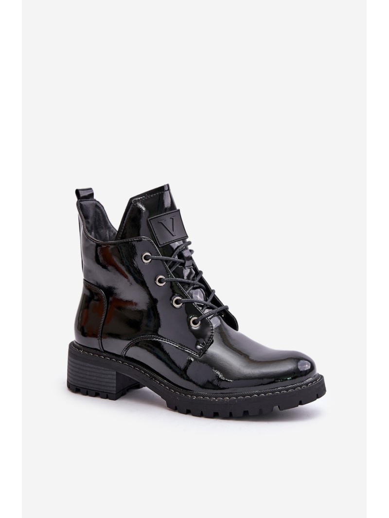 Warm Women Ankle Boots On Low Heel Lacquered Vinceza 58136 Black