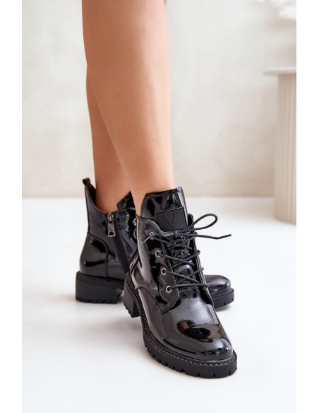 Warm Women Ankle Boots On Low Heel Lacquered Vinceza 58136 Black