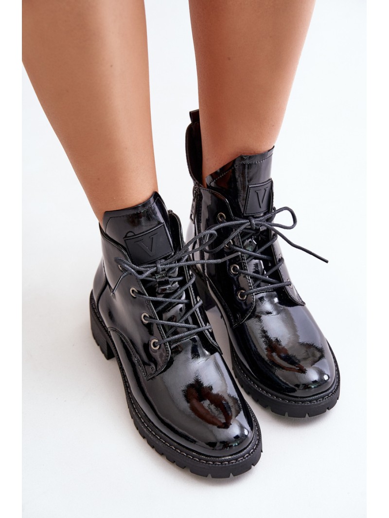 Warm Women Ankle Boots On Low Heel Lacquered Vinceza 58136 Black