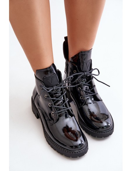 Warm Women Ankle Boots On Low Heel Lacquered Vinceza 58136 Black