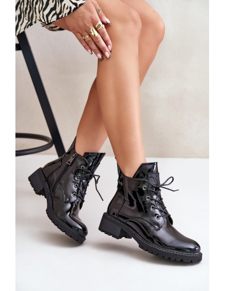 Warm Women Ankle Boots On Low Heel Lacquered Vinceza 58136 Black