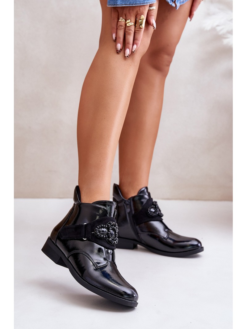 Lacquered Women's Ankle Boots With Decoration Insulated Black S.Barski HY42-021