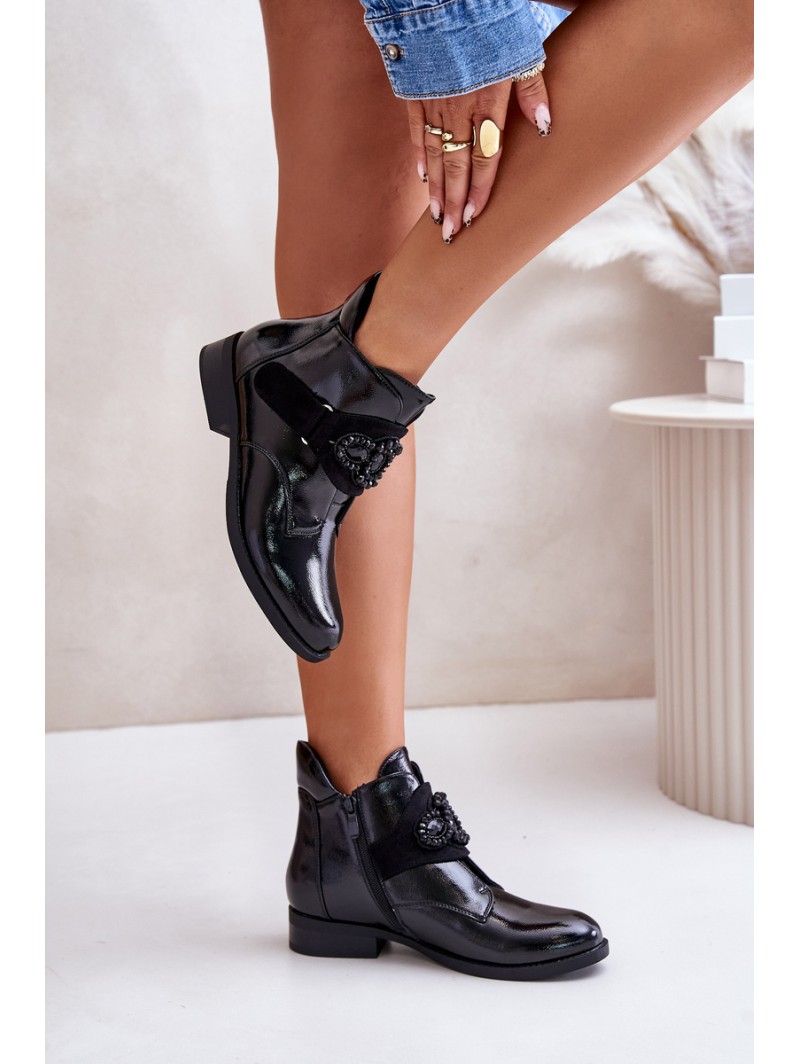 Lacquered Women's Ankle Boots With Decoration Insulated Black S.Barski HY42-021
