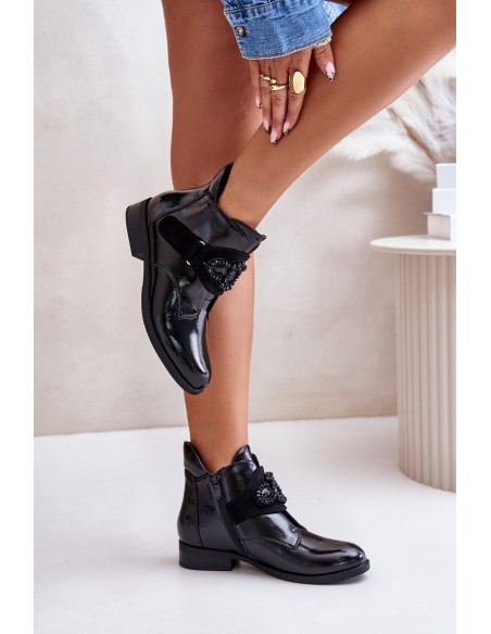 Lacquered Women's Ankle Boots With Decoration Insulated Black S.Barski HY42-021