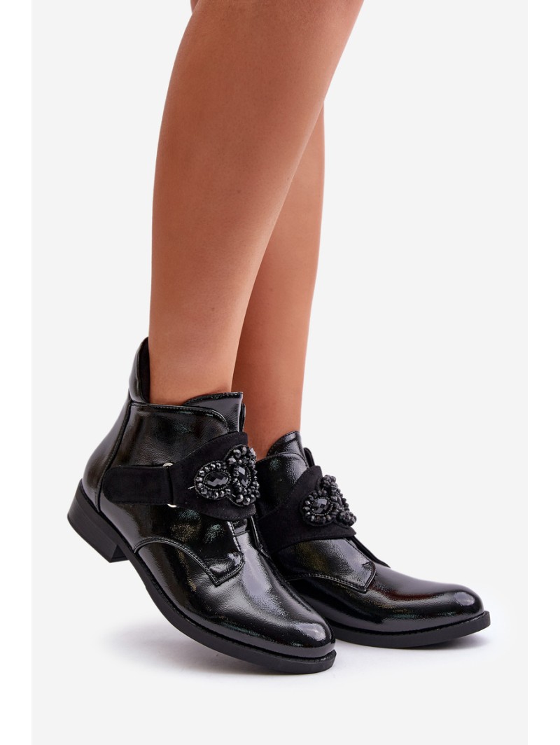 Lacquered Women's Ankle Boots With Decoration Insulated Black S.Barski HY42-021