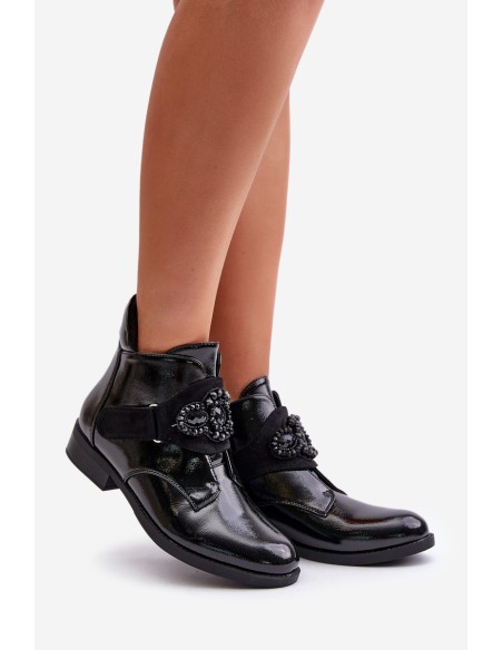 Lacquered Women's Ankle Boots With Decoration Insulated Black S.Barski HY42-021