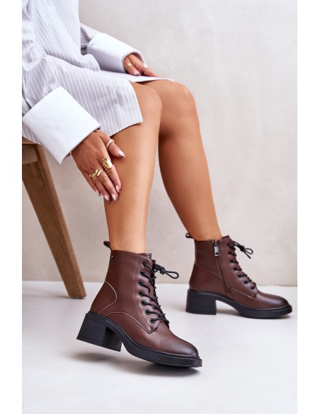 Warm Women's Boots on Low Heels Made of Natural Leather Vinceza 66722 Brown