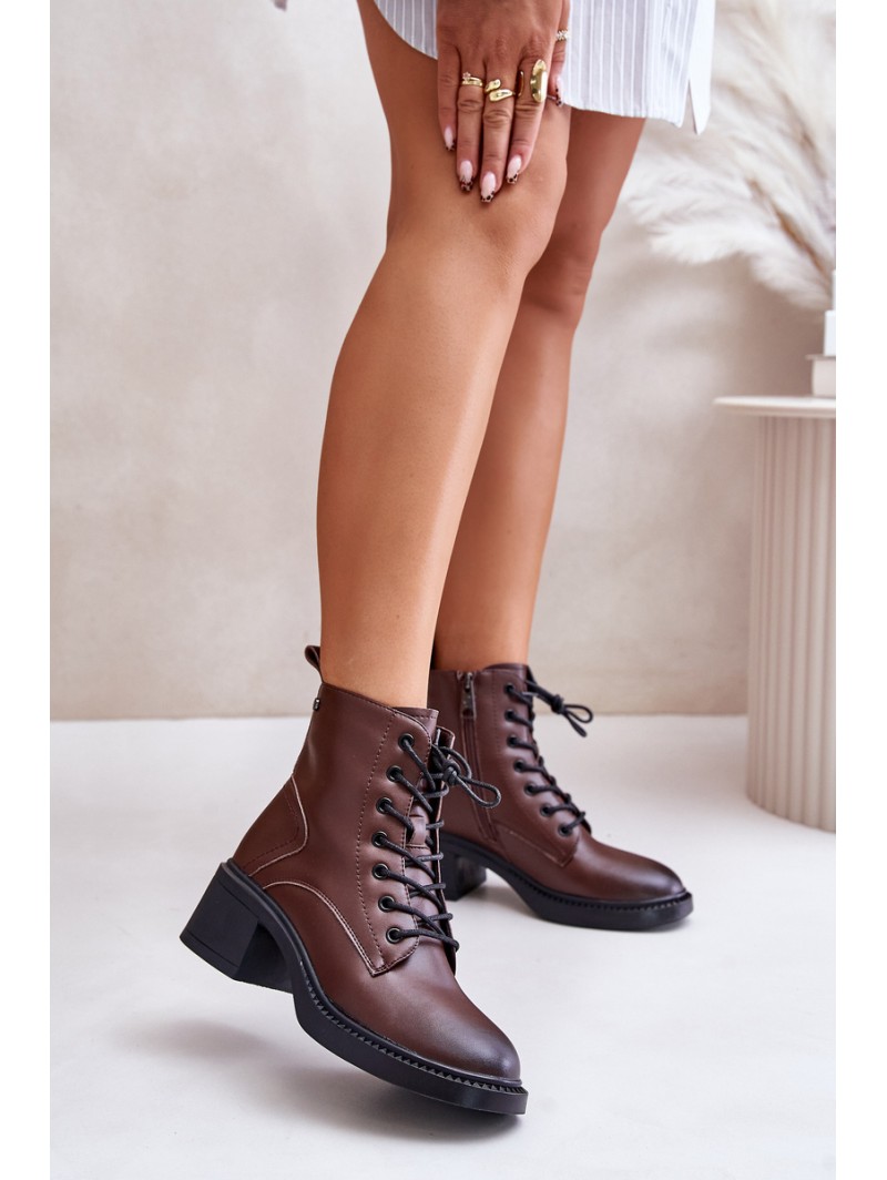 Warm Women's Boots on Low Heels Made of Natural Leather Vinceza 66722 Brown